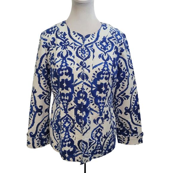 Chico's Size 0 Indigo Ink Alicia jacket Blue White Print Lightweight Clasp Close - Picture 1 of 9